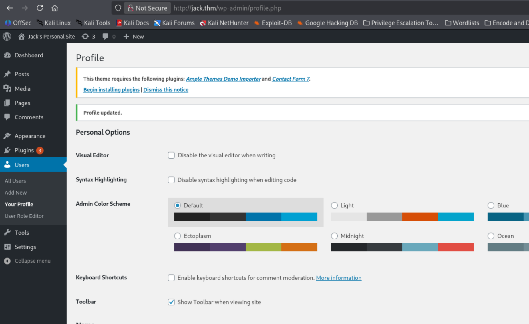 WordPress dashboard post-escalation — Wendy's blog life, pwned